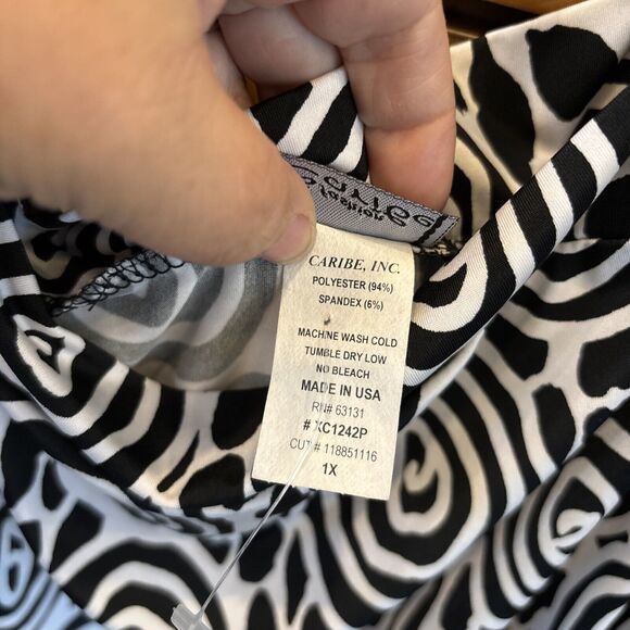 Caribe 1X White Black Blouse Stretch Square Neck 3/4 Sleeve USA New Asymmetrical - Picture 4 of 11